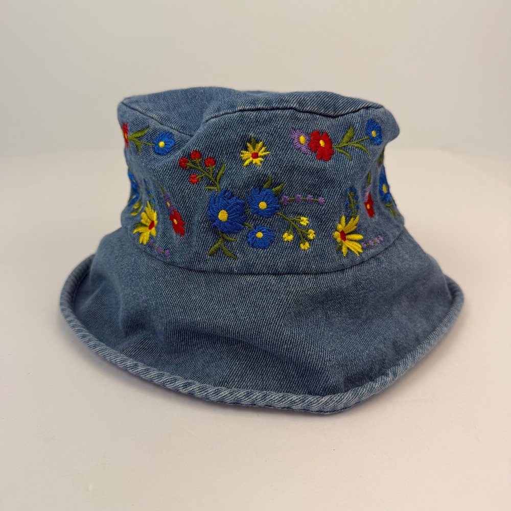 Floral Embroidered Denim Bucket Hat Blue Cotton Boho Sun Hat OSFM RN107991